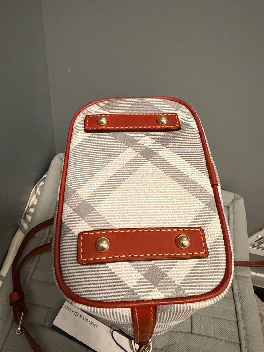 Dooney & Bourke Small Grey Plaid Bucket Crossbody with Brown Leather Trim - Picture 4 of 7